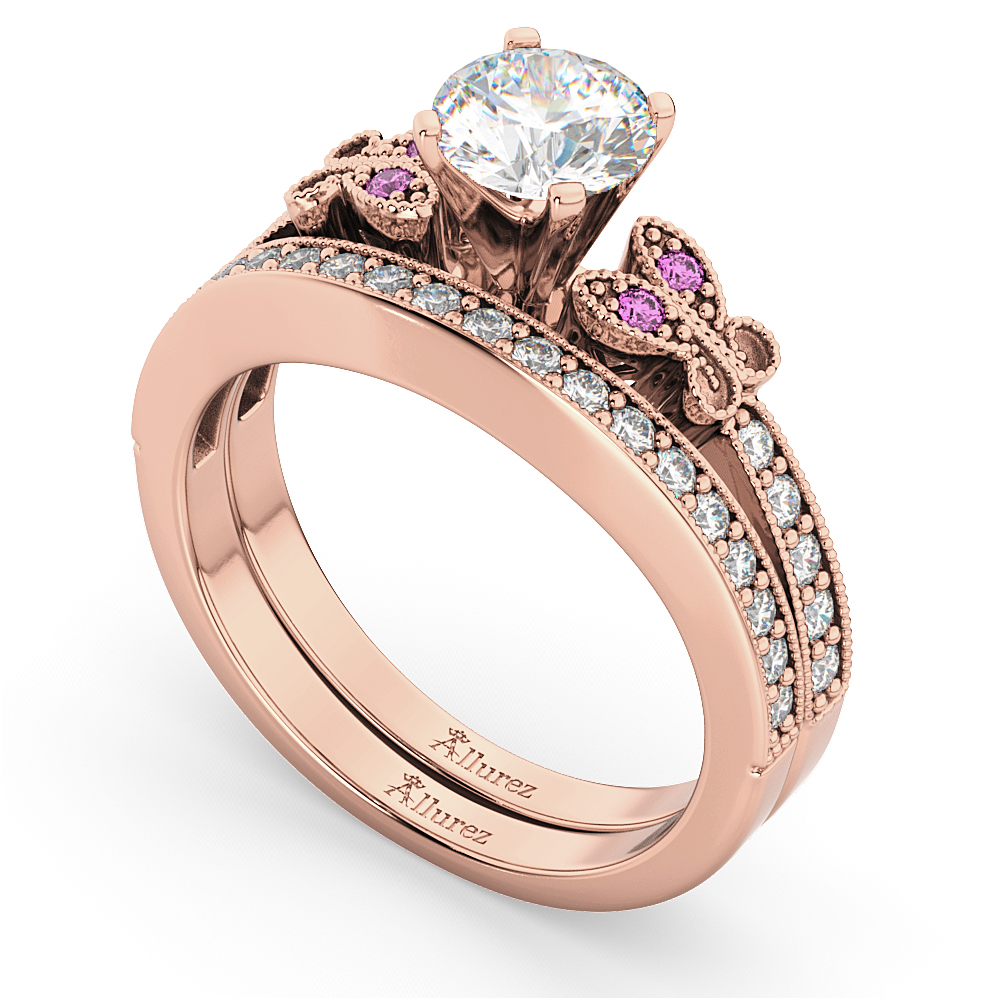 Butterfly Diamond & Pink Sapphire Bridal Set 14k Rose Gold (0.42ct)