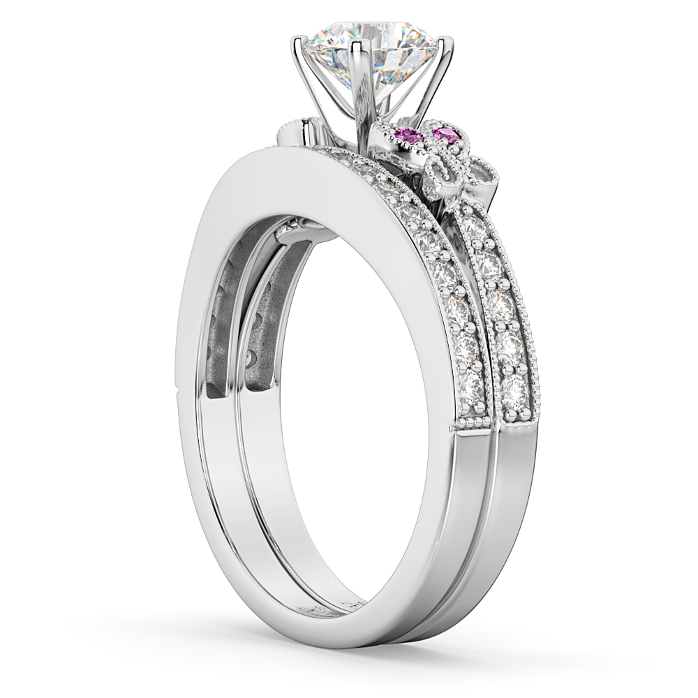 Butterfly Diamond & Pink Sapphire Bridal Set 14k White Gold (0.42ct)
