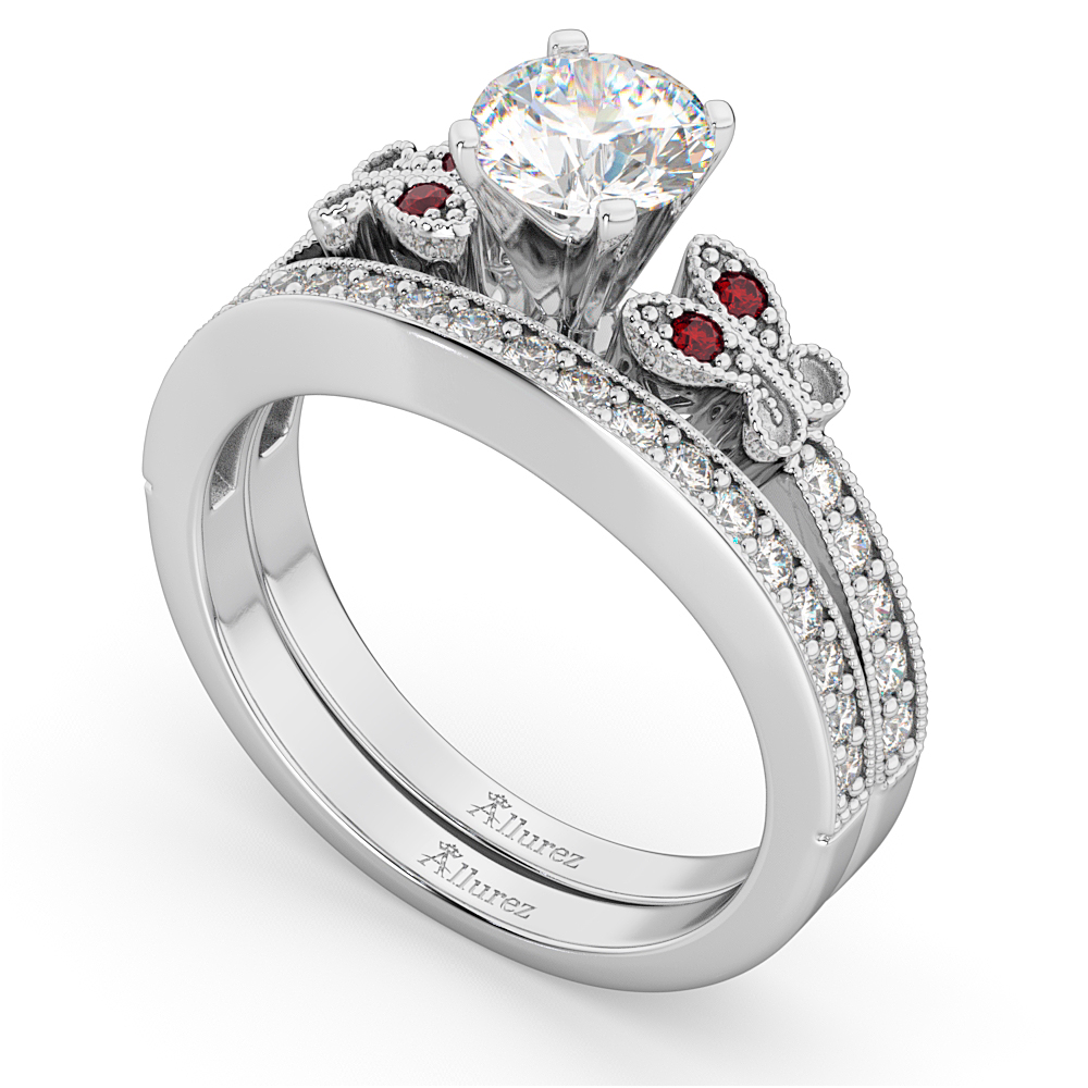 Butterfly Diamond & Ruby Bridal Set 14k White Gold (0.42ct)