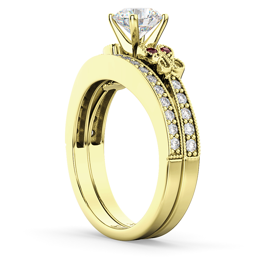 Butterfly Diamond & Ruby Bridal Set 14k Yellow Gold (0.42ct)