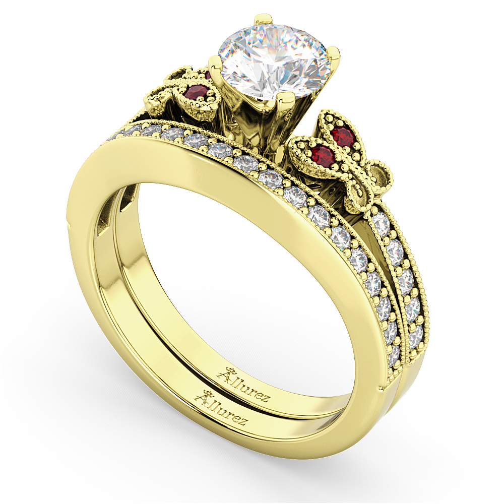 Butterfly Diamond & Ruby Bridal Set 14k Yellow Gold (0.42ct)