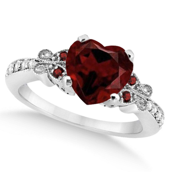 Butterfly Genuine Garnet & Diamond Heart Bridal Set 14k W Gold 2.70ct