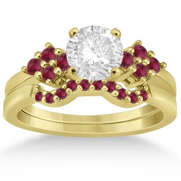 Ruby Floral Engagement Ring & Wedding Band 18k Yellow Gold (0.50ct)