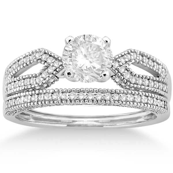 Split Shank Diamond Engagment Ring & Band 14k White Gold (0.36ct)