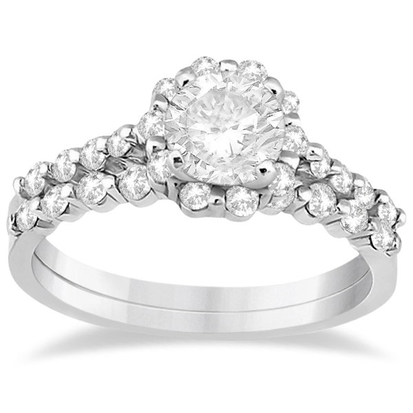 Halo Diamond Engagement Ring & Wedding Band 18K White Gold (0.56ct)