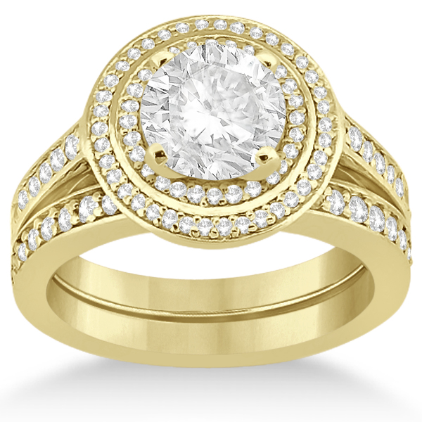 Double Halo Engagement Ring & Wedding Band 14k Yellow Gold (0.67ct)