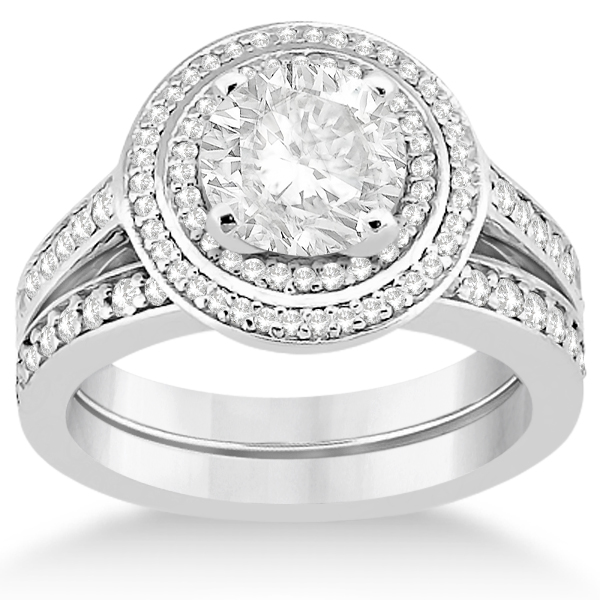 Double Halo Engagement Ring & Band w/ Diamonds Palladium (0.67ct)