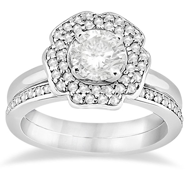 Halo Diamond Floral Engagement Ring and Band 14k White Gold (0.48ct)