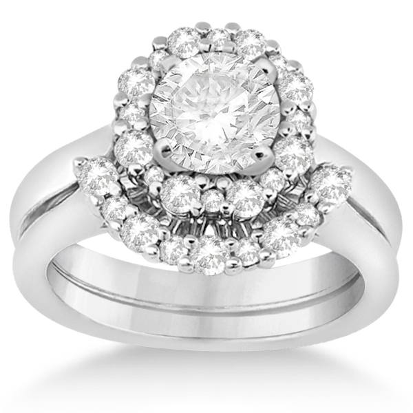 Halo Diamond Engagement Ring with Band Bridal Set Palladium (0.51ct)