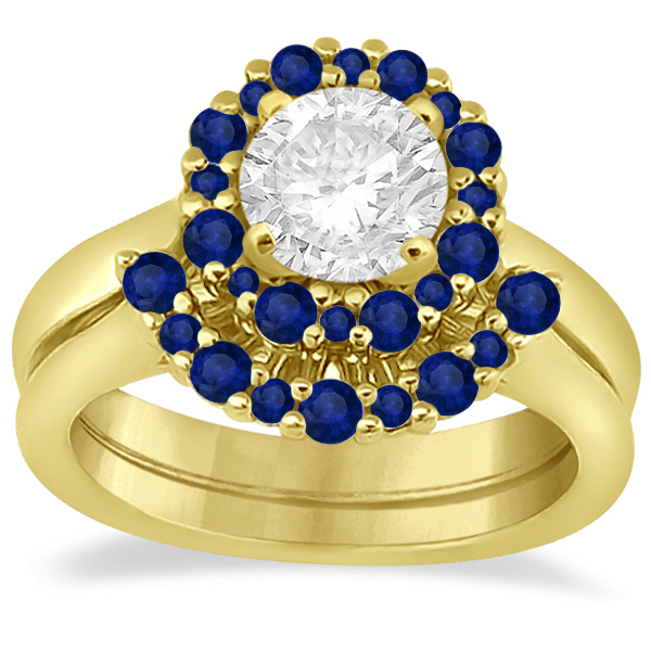 Halo Blue Sapphire Engagement Ring & Band 18K Yellow Gold (1.08ct)