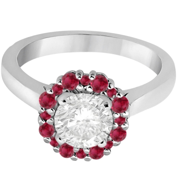 Prong Set Floral Halo Ruby Engagement Ring 18k White Gold (0.68ct)