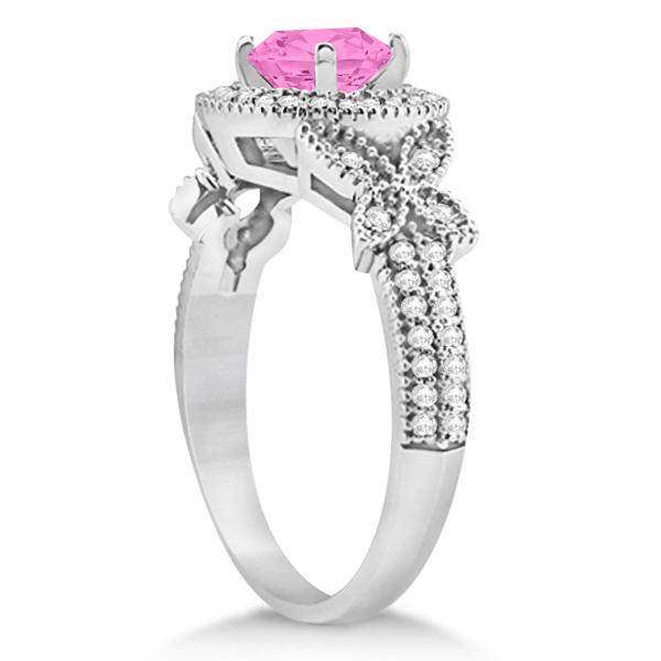 Halo Diamond Butterfly Pink Sapphire Engagement Ring 14k White Gold (1.33ct)