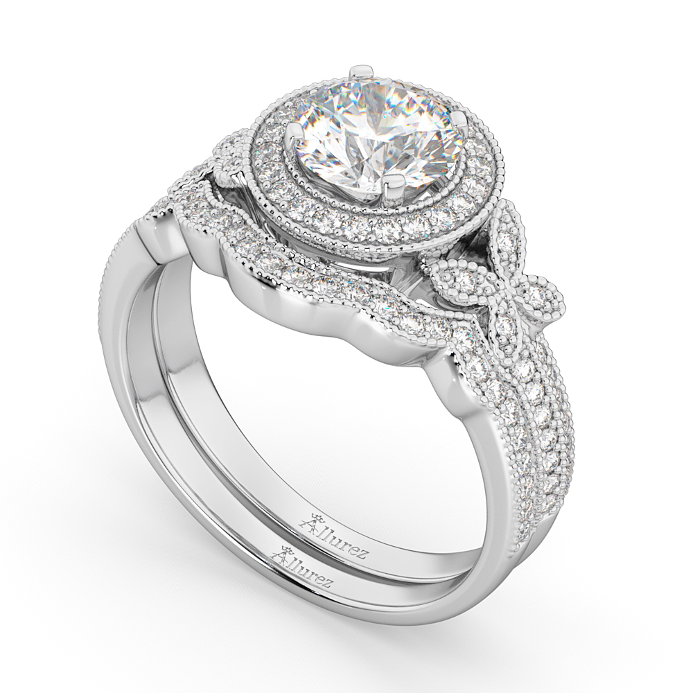 Butterfly Diamond Engagement Ring & Wedding Band 14k White Gold 0.58ct