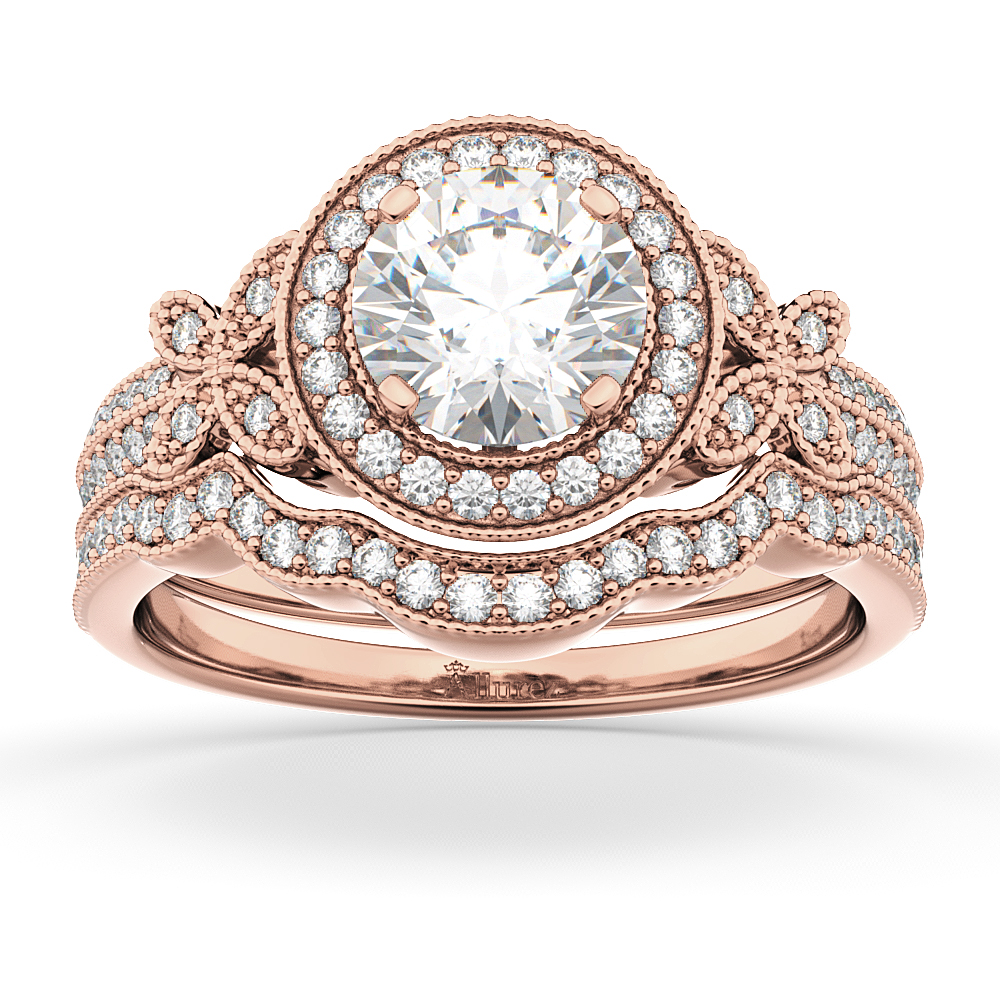 Butterfly Diamond Engagement Ring & Wedding Band 18k Rose Gold (0.58ct)