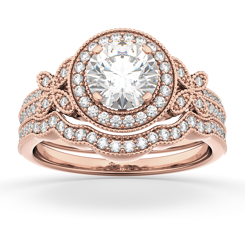 Butterfly Diamond Engagement Ring & Wedding Band 18k Rose Gold 0.58ct ...