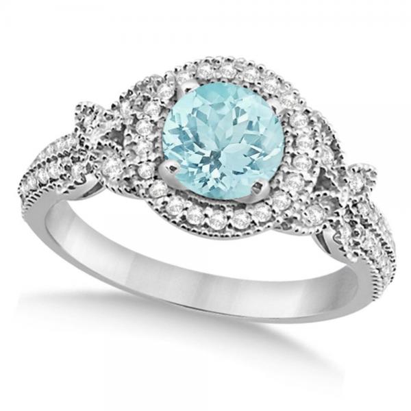 Butterfly Halo Diamond Aquamarine Bridal Set in 14k White Gold (1.58ct)