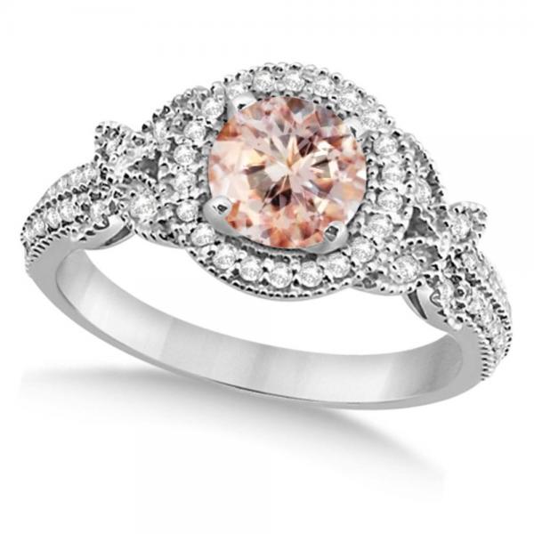 Butterfly Halo Diamond Morganite Bridal Set in 14k White Gold (1.58ct)