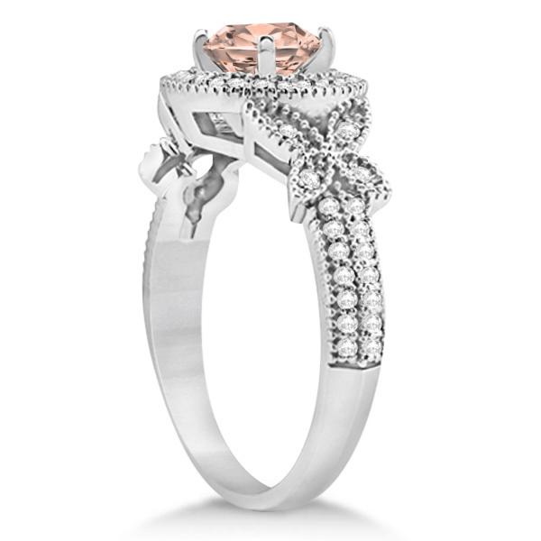 Butterfly Halo Diamond Morganite Bridal Set in 14k White Gold (1.58ct)