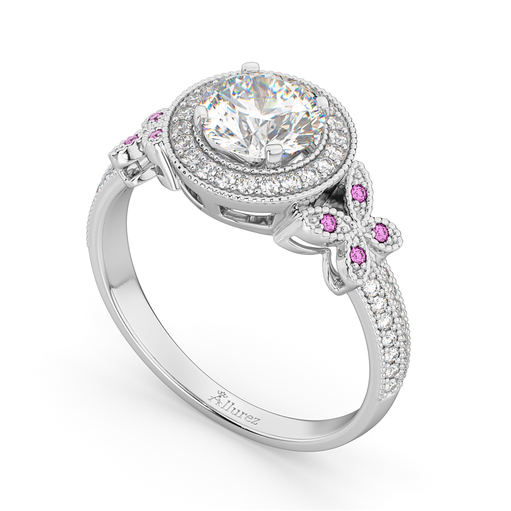 Diamond & Pink Sapphire Butterfly Engagement Ring 14k White Gold (0.35ct)