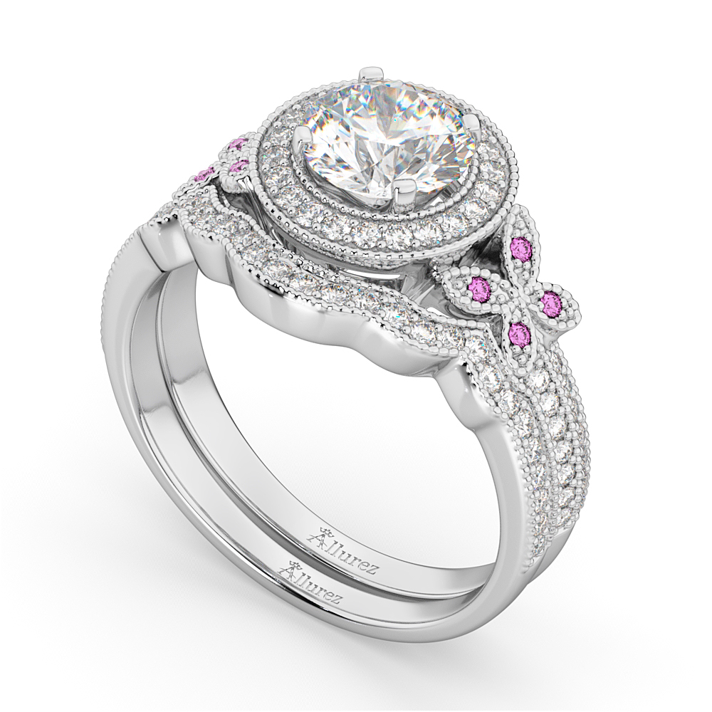 Butterfly Diamond & Pink Sapphire Engagement Set 14k White Gold (0.50ct)
