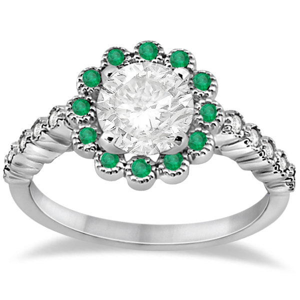 Flower Diamond and Emerald Engagement Ring 14k White Gold (0.45ct)