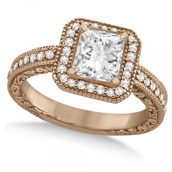 Milgrain Square Halo Princess Cut Bridal Set 14k Rose Gold (1.20ct)