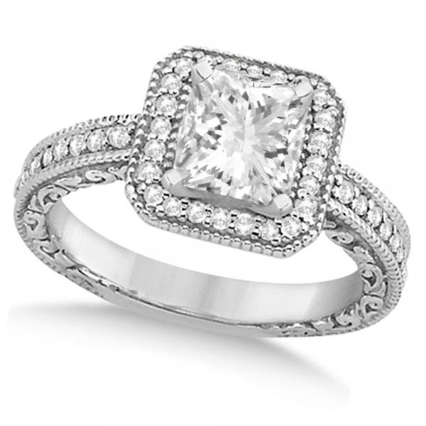 Milgrain Square Halo Princess Cut Bridal Set 18k White Gold (1.20ct)