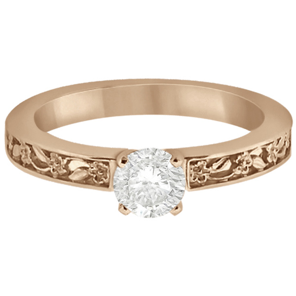 Flower Carved Solitaire Engagement Ring Setting 18kt Rose Gold