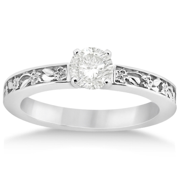 Flower Carved Solitaire Engagement Ring & Wedding Band 14kt White Gold
