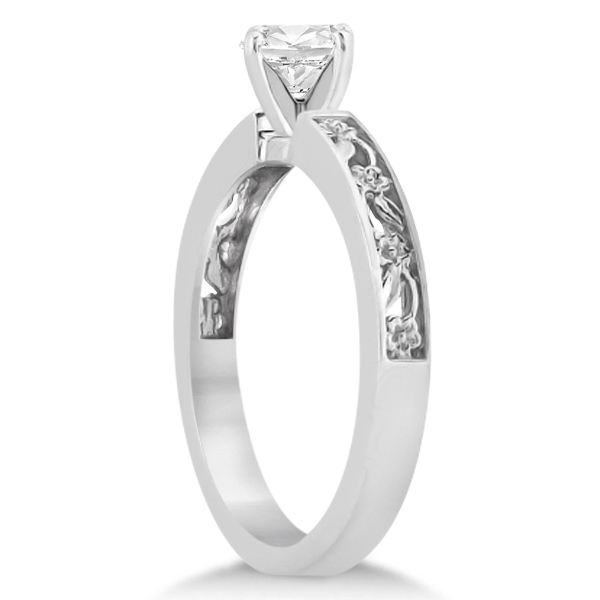 Flower Carved Solitaire Engagement Ring & Wedding Band 14kt White Gold