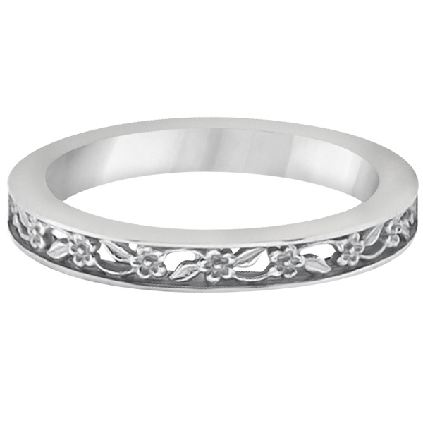 Flower Carved Solitaire Engagement Ring & Wedding Band 14kt White Gold