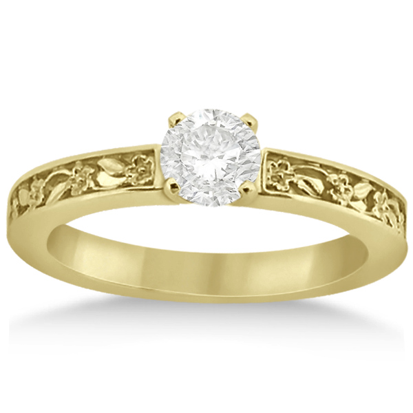 Flower Carved Solitaire Engagement Ring & Wedding Band 18k Yellow Gold