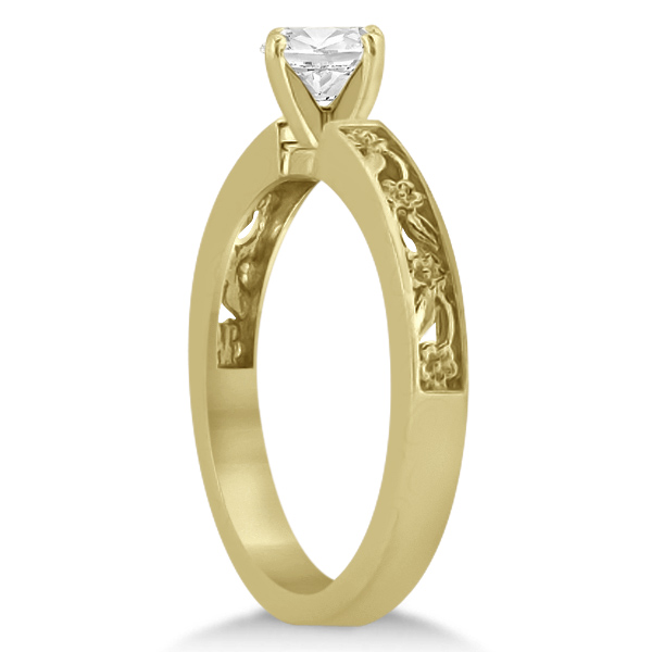 Flower Carved Solitaire Engagement Ring & Wedding Band 18k Yellow Gold