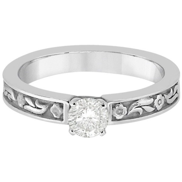 Hand-Carved Flower Design Solitaire Engagement Ring in 14k White Gold