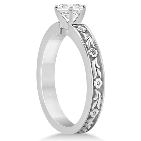 Hand-Carved Flower Design Solitaire Engagement Ring in 18k White Gold