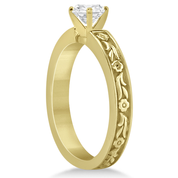 Hand-Carved Flower Design Solitaire Engagement Ring in 18k Yellow Gold