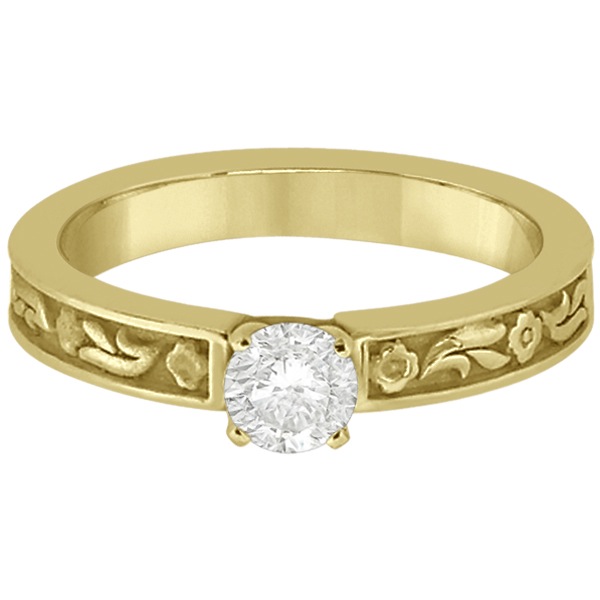 Hand-Carved Flower Design Solitaire Engagement Ring in 18k Yellow Gold