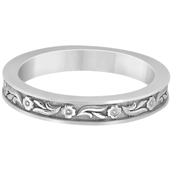 Hand-Carved Eternity Flower Design Wedding Band in 14k White Gold