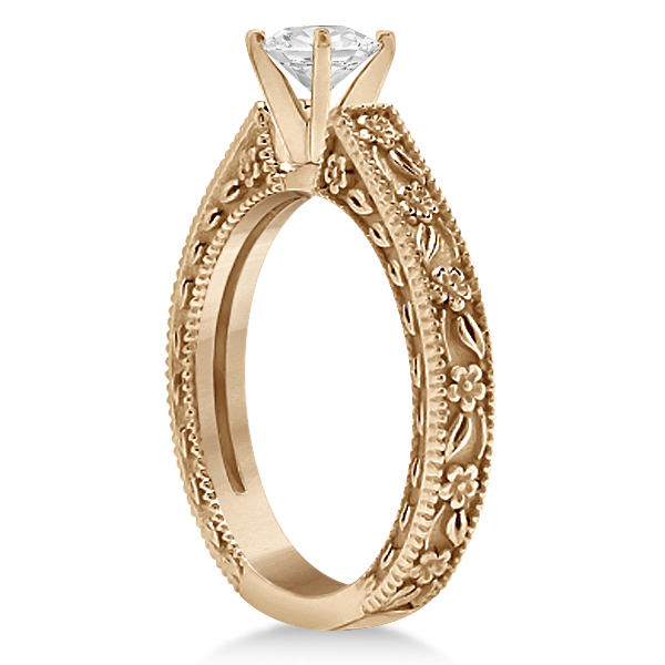 Carved Floral Wedding Set Engagement Ring & Band 14K Rose Gold