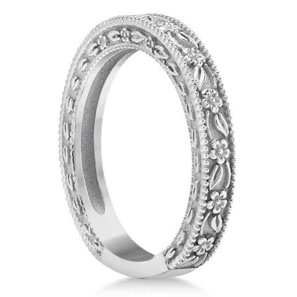 Carved Floral Designed Wedding Band Anniversary Ring in 18K White Gold