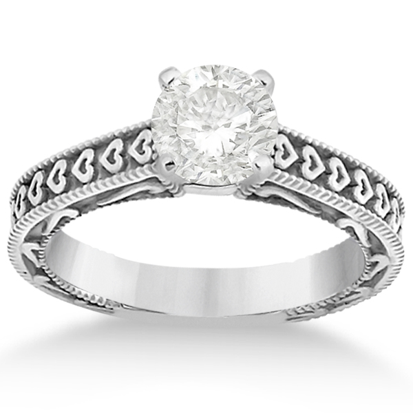 Solitaire Engagement Ring Setting with Carved Hearts 18K White Gold
