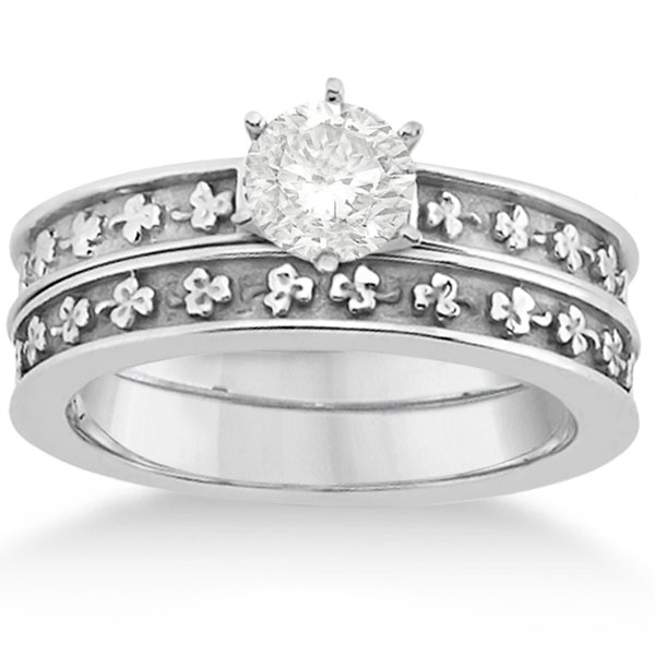 Carved Clover Engagement Ring & Wedding Band Bridal Set Platinum