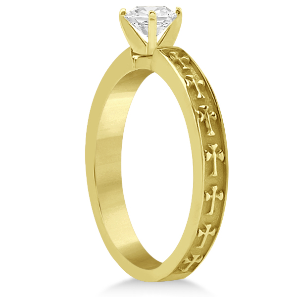 Carved Cross Engagement Ring & Band Wedding Set in 14K Yellow Gold