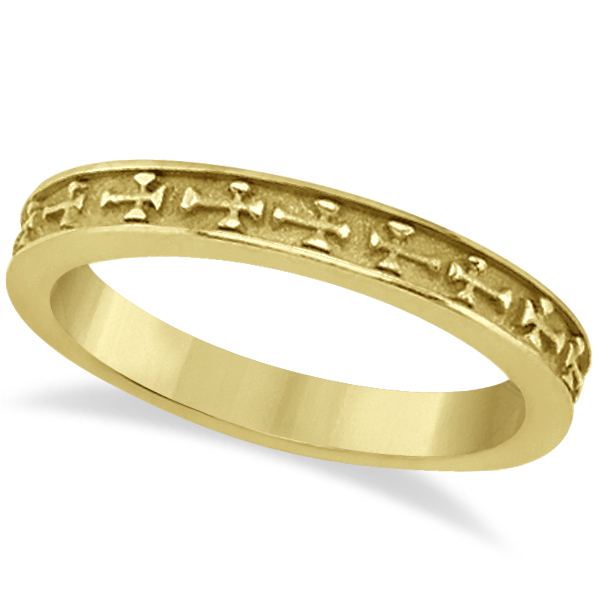 Carved Cross Engagement Ring & Band Wedding Set in 14K Yellow Gold
