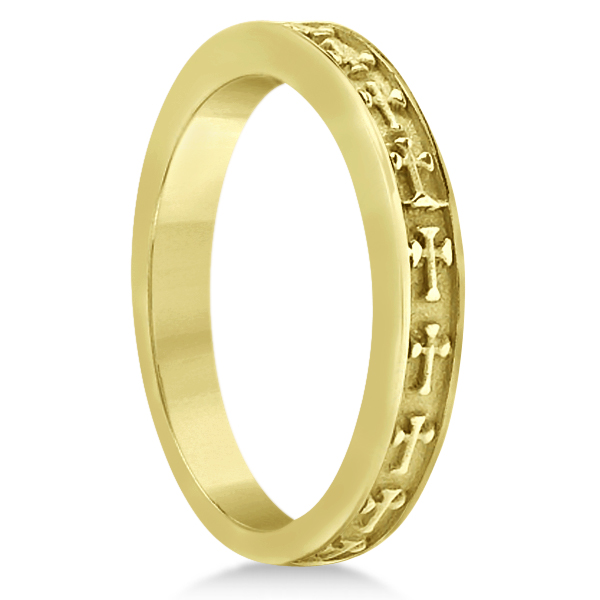 Carved Cross Engagement Ring & Band Wedding Set in 14K Yellow Gold