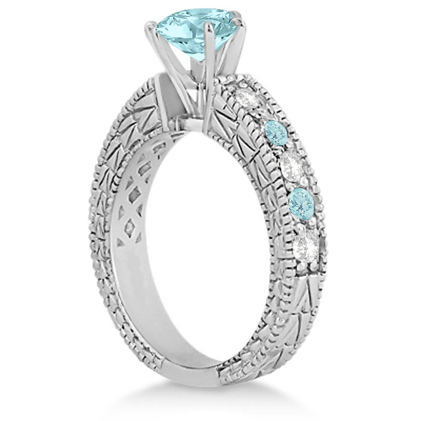 Diamond & Aquamarine Vintage Engagement Ring in 18k White Gold (1.75ct)