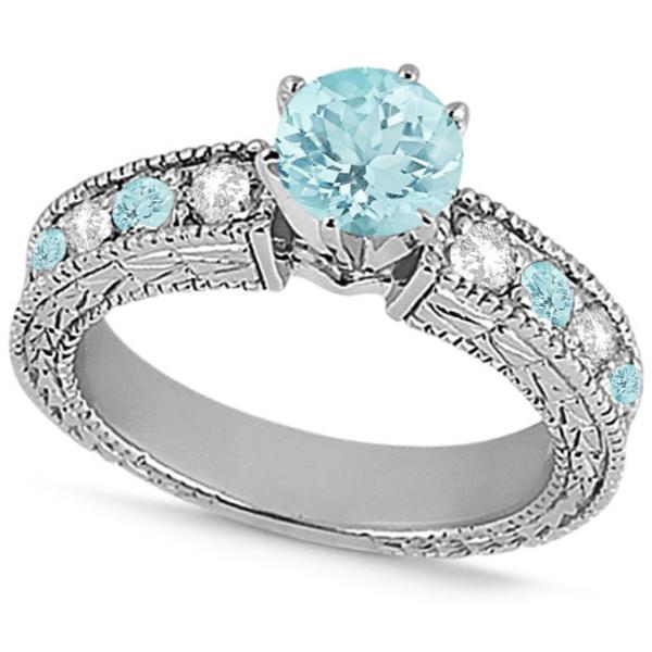 Diamond & Aquamarine Vintage Wedding Bridal Set in 14k White Gold (2.80ct)