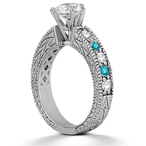 White & Blue Diamond Engagement Ring & Band 14K White Gold (1.61ct)