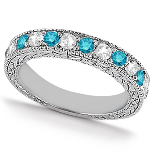 White & Blue Diamond Engagement Ring & Band 14K White Gold (1.61ct)