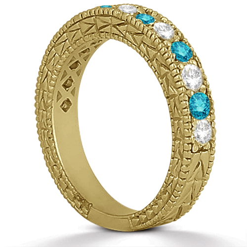 White & Blue Diamond Engagement Ring & Band 14K Yellow Gold (1.61ct)